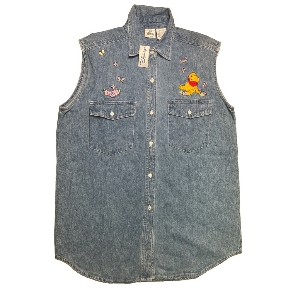 Vintage 90s Disney Store Winnie the Pooh NWT Denim Sleeveless Shirt XL Hong Kong